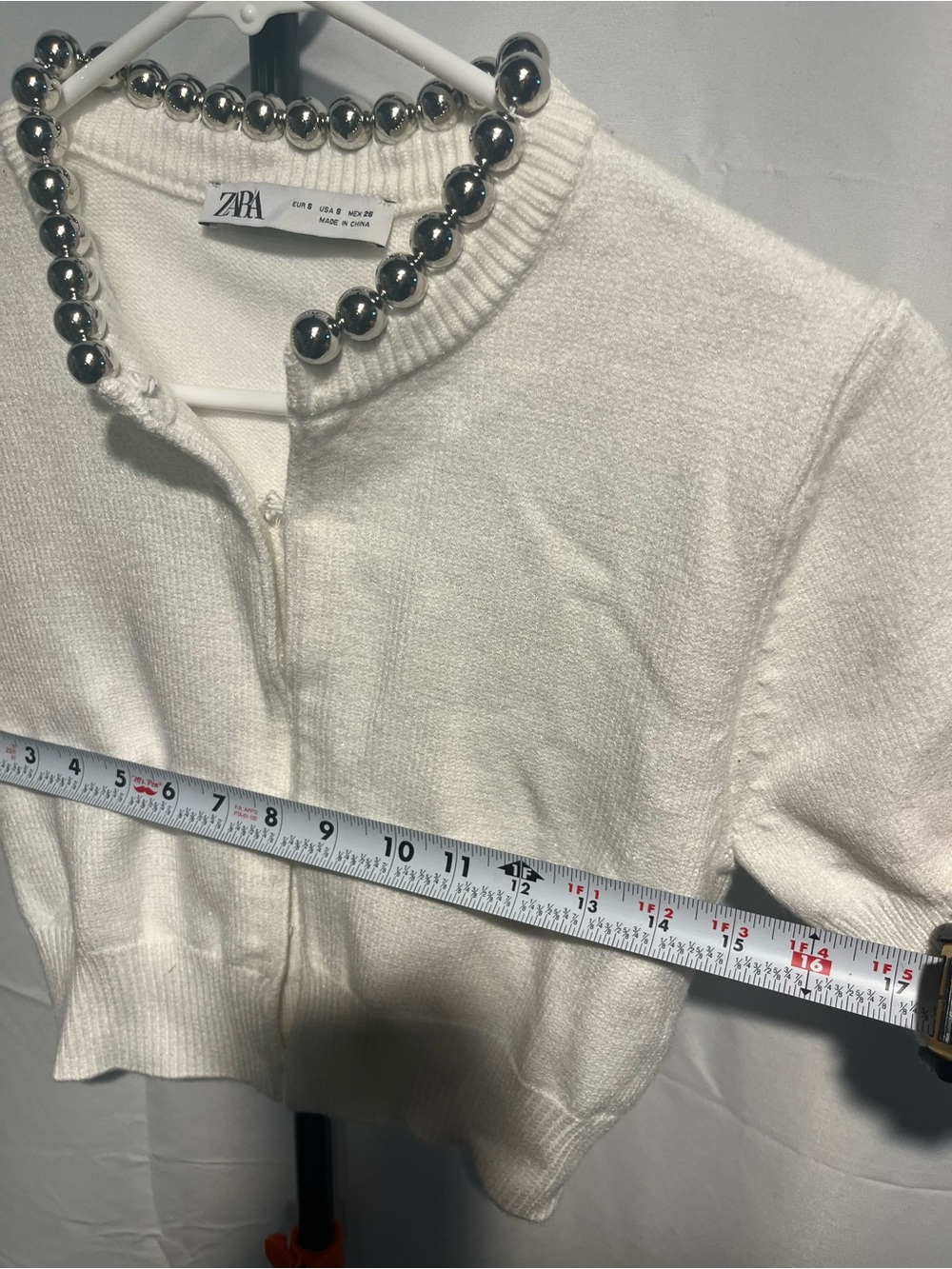 Zara White Short Sleeve w/ Silver oversized metallic silver Beaded Neck Cardigan - Picture 7 of 10